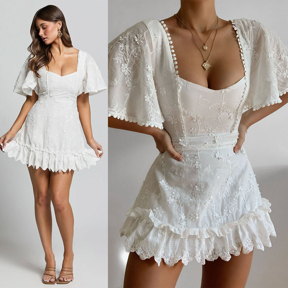 SHOWPO Fancy A Spritz Mini Dress White Floral Embroidery Cotton NWT Size US 4